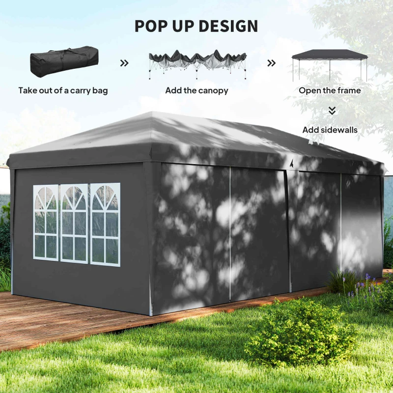 Outsunny Outsunny 3 x 6 m Garden Pop Up Gazebo, Wedding Party Tent Marquee, Water Resistant Awning Canopy with Sidewalls, Windows, Carry Bag, Grey
