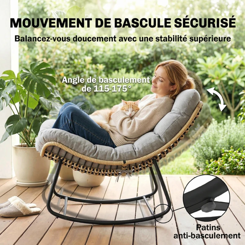 Outsunny Fauteuil à bascule de jardin pour intérieur et extérieur, rocking chair en résine tressée avec coussin moelleux, gris