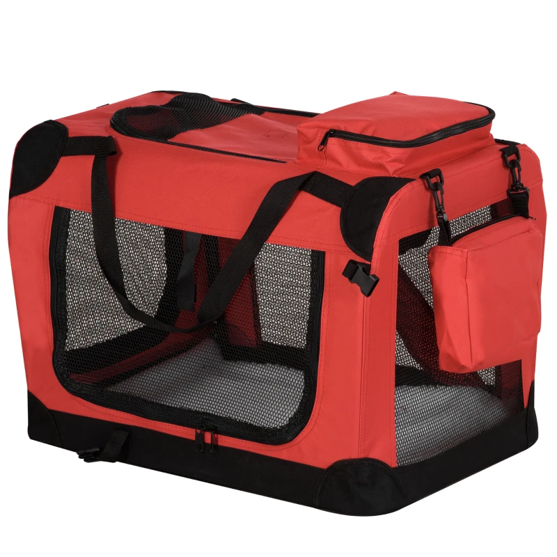 PawHut Foldable Cat Carrier for Small and Miniature Dogs, Portable Pet Carrier Soft Side Pet Travel Crate with Removable Mat, Storage Bags, Breathable Mesh Window 60 x 42 x 42cm - Red