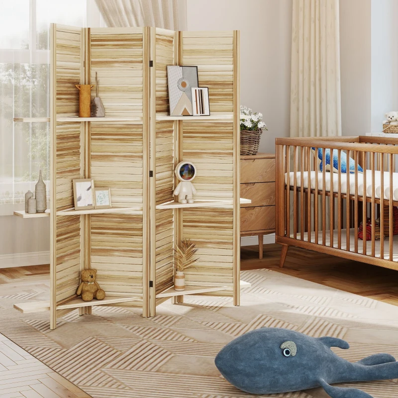 HOMCOM Paravent intérieur en bois 4 panneaux 160 x 170 cm, séparateur de pièce pliable avec 3 étagères, bois naturel