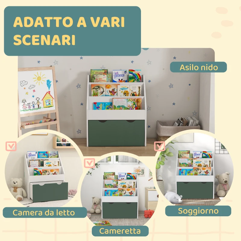 AIYAPLAY Libreria per Bambini 3-8 Anni a 3 Ripiani con Cassetto Inferiore, in MDF, 62.5x30x70 cm, Verde