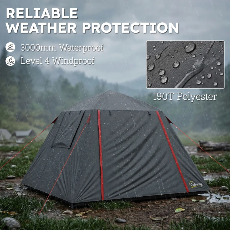 Outsunny Camping Tent 3000mm Waterproof Tent with 2 Doors, Dark Grey and Red