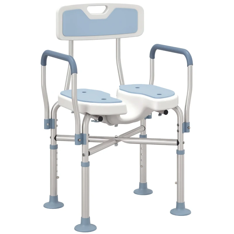 HOMCOM Tabouret de douche, tabouret de bain avec siège rembourrée en U amélioré et accoudoirs, hauteur réglable, bleu