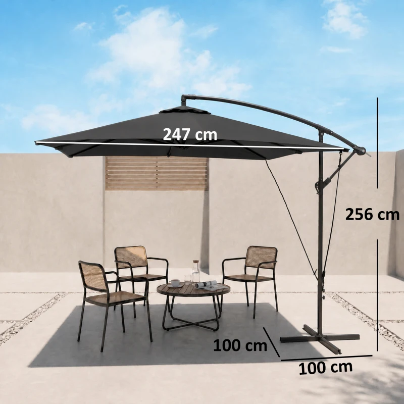 Outsunny Parasol déporté parasol de jardin extérieur Toile ajustable 8 baleines base en croix manivelle, 2,5 x 2,5 m, gris foncé