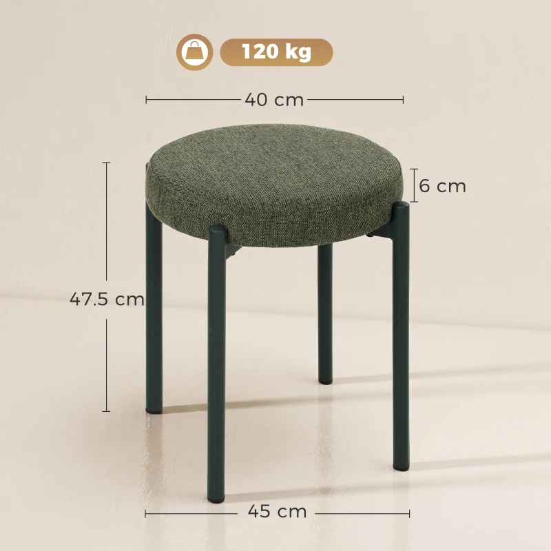 HOMCOM Set 4 taburete stivuibile cu picioare din oțel, aspect de in, pentru sufragerie, living, bucătărie, Verde închis