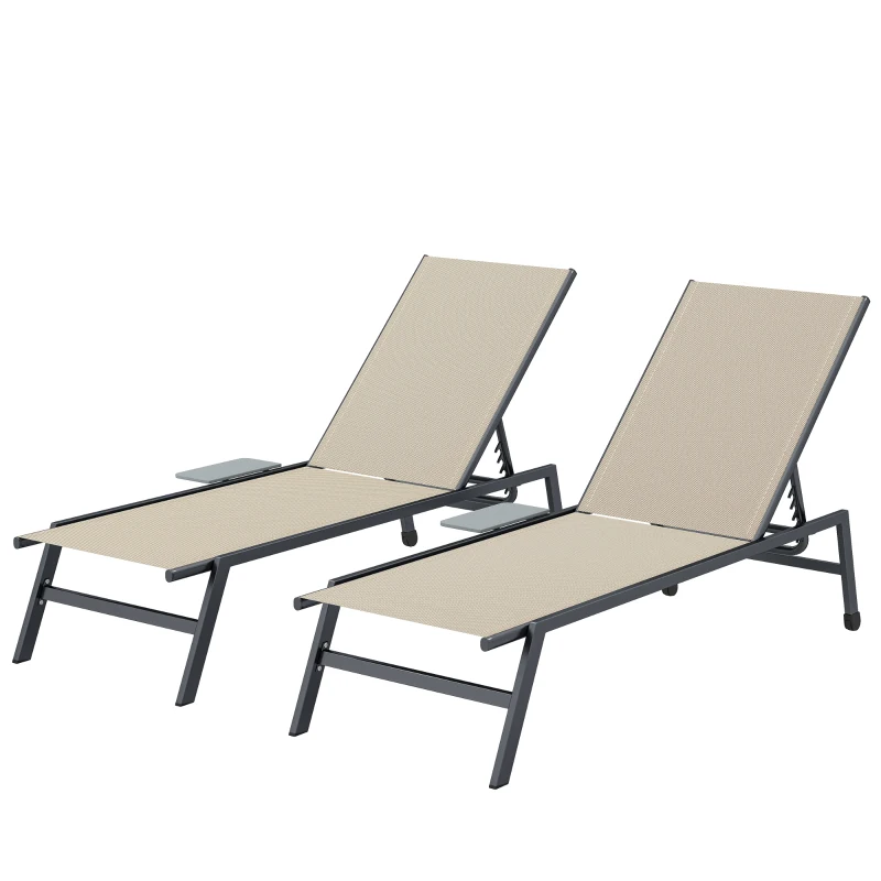 Outsunny Sun Loungers Set of 2 with Side Tray Table, Garden Recliners with 5-Position Adjustable Backrest, 2 Wheels, Khaki