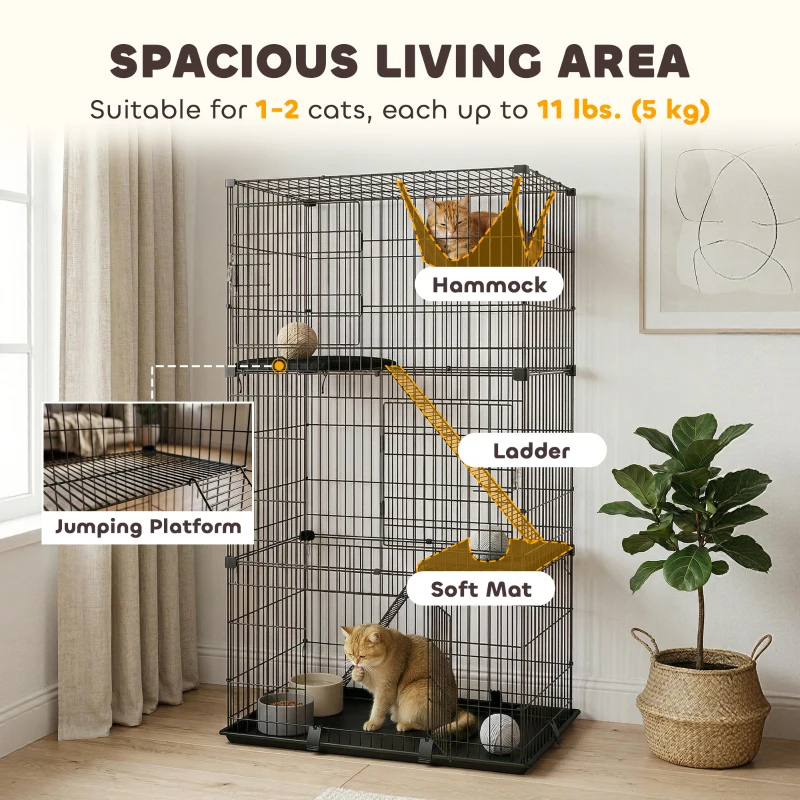 PawHut 3-Tier Large Cat Cage Indoor, Detachable Metal Wire Kennel with Hammock, Platforms, Tray and Cushions for 1-2 Kittens
