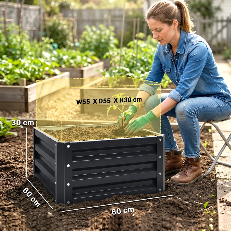 Outsunny Set of 2 Raised Garden Bed, Outdoor Elevated Galvanised Planter Box for Flowers, Herbs, 60x60x30.5cm, Grey