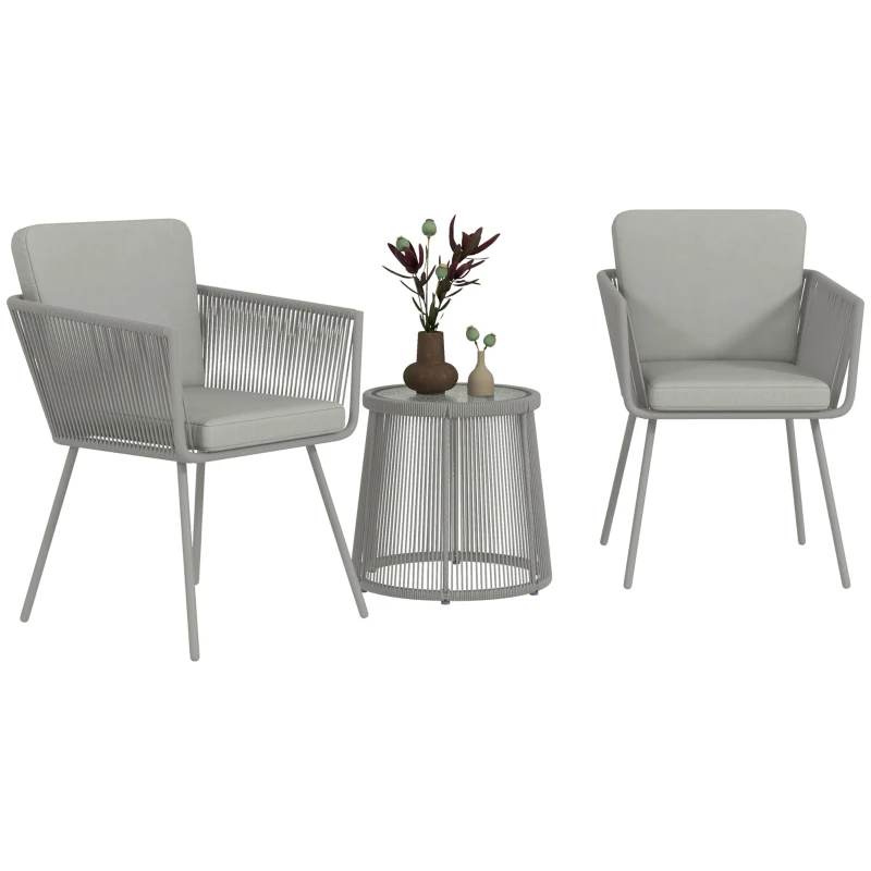 Outsunny Ensemble salon de jardin 3 pièces style colonial 2 fauteuils avec coussins gris table basse résine filaire acier époxy