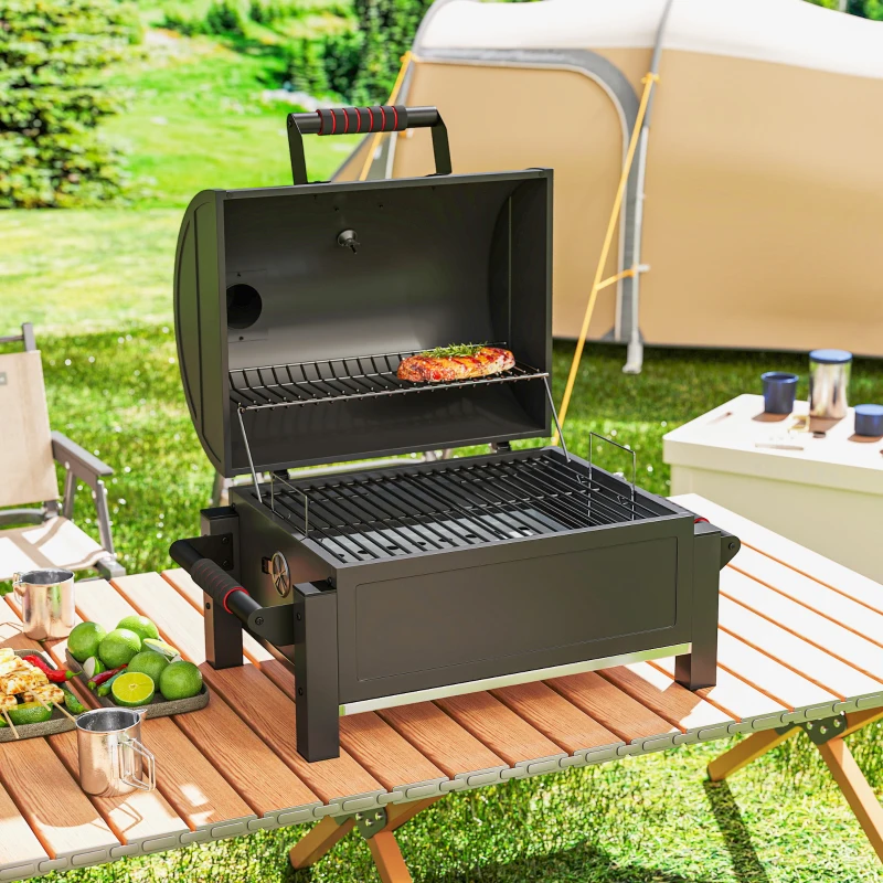 Outsunny Kohlegrill mit Deckel, Warmhalterost, Aschefach, Thermometer, rostfrei, 67 x 53 x 55cm, Schwarz/Rot