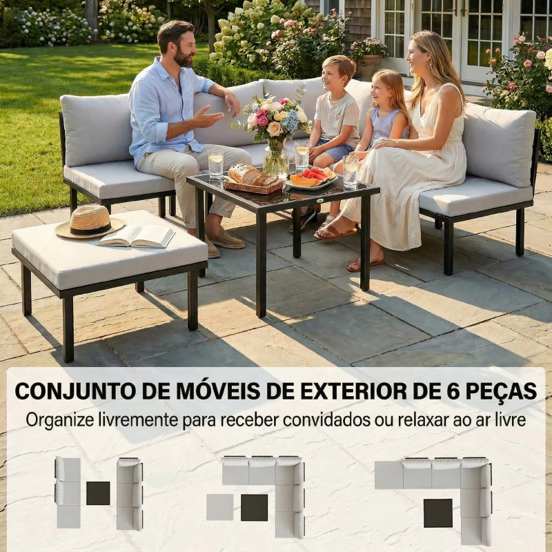 Outsunny Conjunto de Jardim Exterior de 6 Peças com Sofá de 2 Lugares, Módulo de Canto, 2 Assentos, Apoio para Pés e Mesa de Vidro, Cinzento Claro