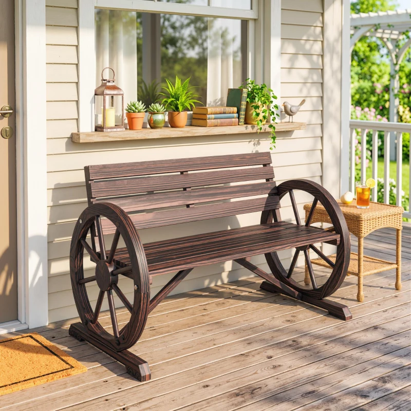 Outsunny Gartenbank 2-Sitzer Sitzbank Holzbank Wagenrad mit Armlehne Landhausstil Tannenholz Braun 105,5 x 59 x 75 cm
