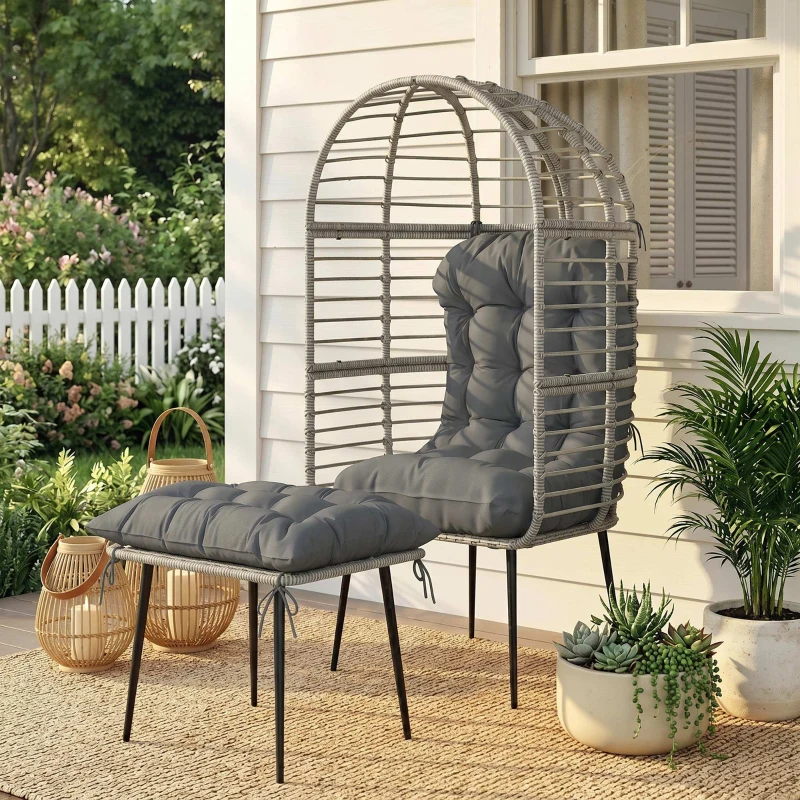 Outsunny Garden Egg Chair with Footstool, Rattan Indoor Outdoor Lounge Chair and Ottoman Set with Thick Cushions, Light Grey