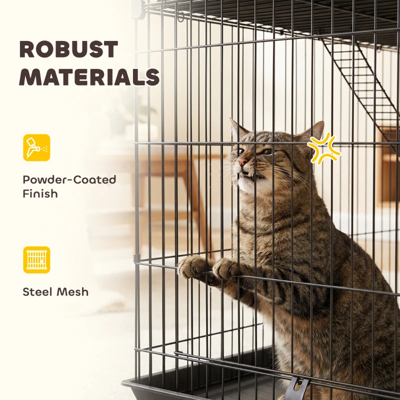 PawHut 3-Tier Large Cat Cage Indoor, Detachable Metal Wire Kennel with Hammock, Platforms, Tray and Cushions for 1-2 Kittens