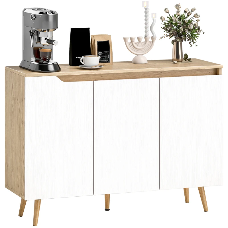 HOMCOM Buffet salon, meuble de rangement, 3 portes, étagères réglables et pieds en bois d'hévéa, 107x35x76,5cm, blanc et chêne