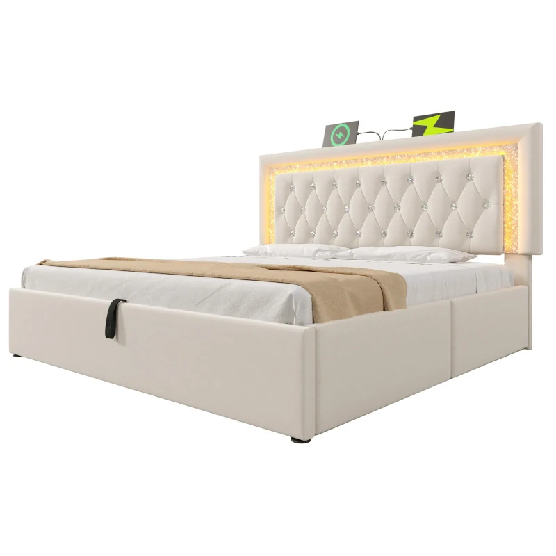 Smart Double Bed with Height-Adjustable Headboard, Stylish Bed Frame for Contemporary Bedrooms, 204L x 145W x 108H cm, Beige