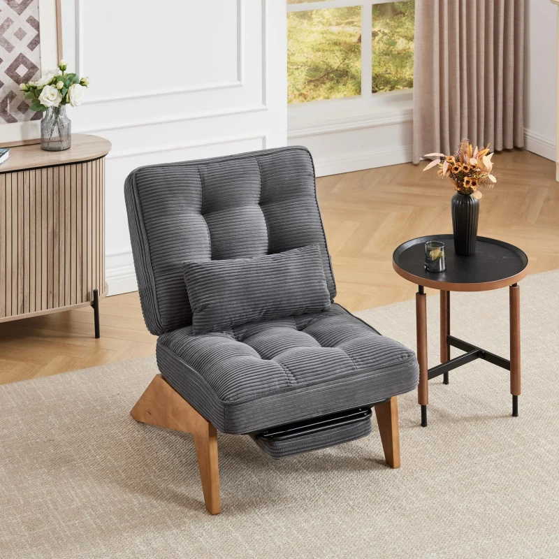 Cozy Reclining Accent Chair with Foldable Ottoman and Lumbar Pillow, Soft Adjustable Lounger for Living Room, 127L x 73W x 90H cm, Dark Gray