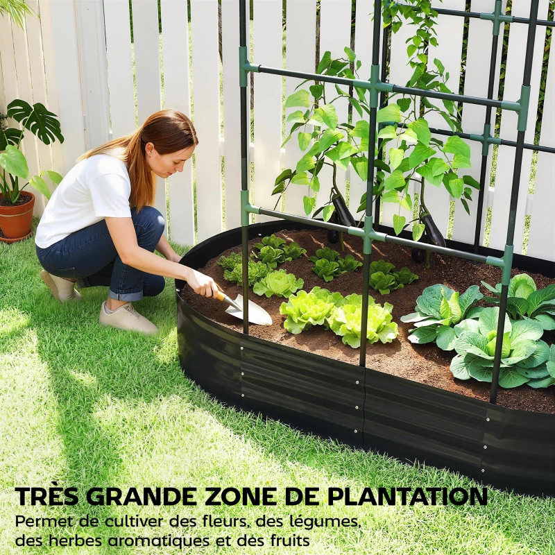 Outsunny Jardinière avec treillis arqué, bac à fleurs en métal avec fond ouvert, gants inclus, 160x90x180cm, gris foncé