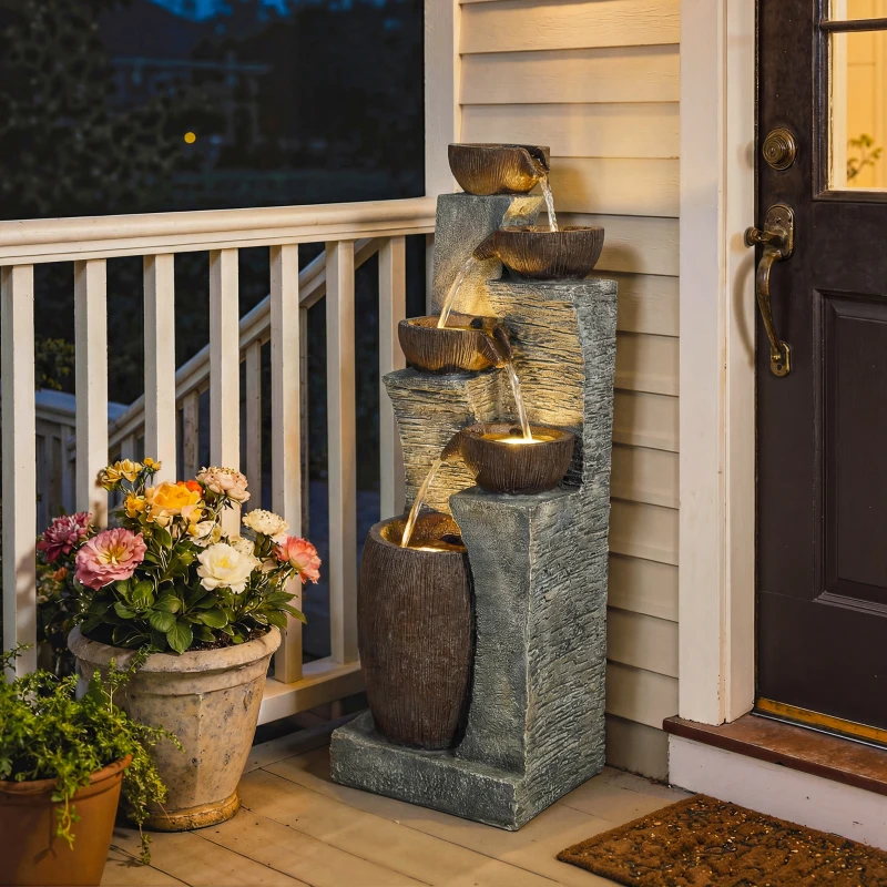 Outsunny Outdoor Fountain with 5-Tier, Garden Fountain with LED Lights, Adjustable Flow, Grey and Rustic Brown
