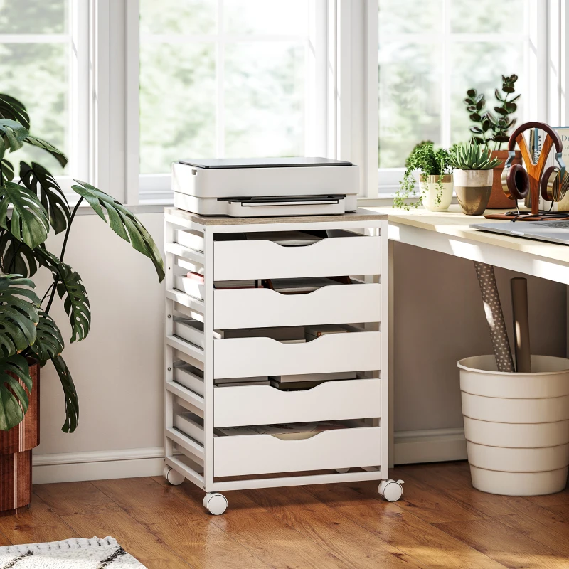 HOMCOM Caisson bureau mobile, meuble rangement sur roulettes bois avec 5 tiroirs, poignées encochées, 50 x 40 x 74,5 cm , blanc
