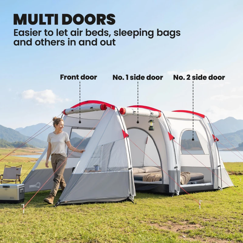Outsunny 3 Person Tunnel Tent, Large Camping Tent with Bedroom, Living Room, Sewn-in Floor, 3 Doors, Carry Bag, 2000mm for Fishing, Hiking, Sports, Travelling, 510L x 240W x 180H cm, Grey
