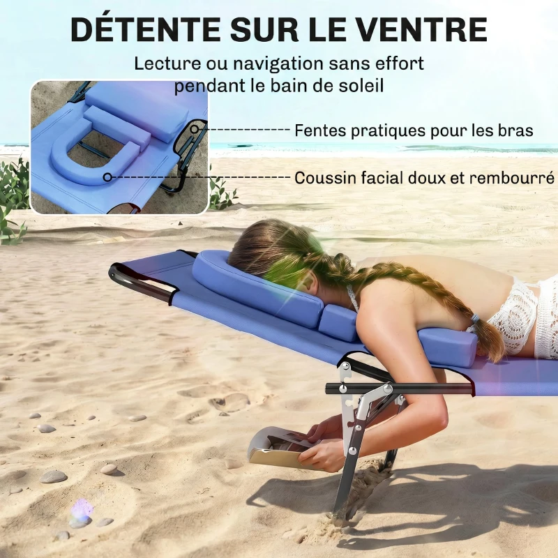 Outsunny Bain de Soleil Pliable transat inclinable 4 Positions Chaise Longue 3 Coussins fournis Bleu