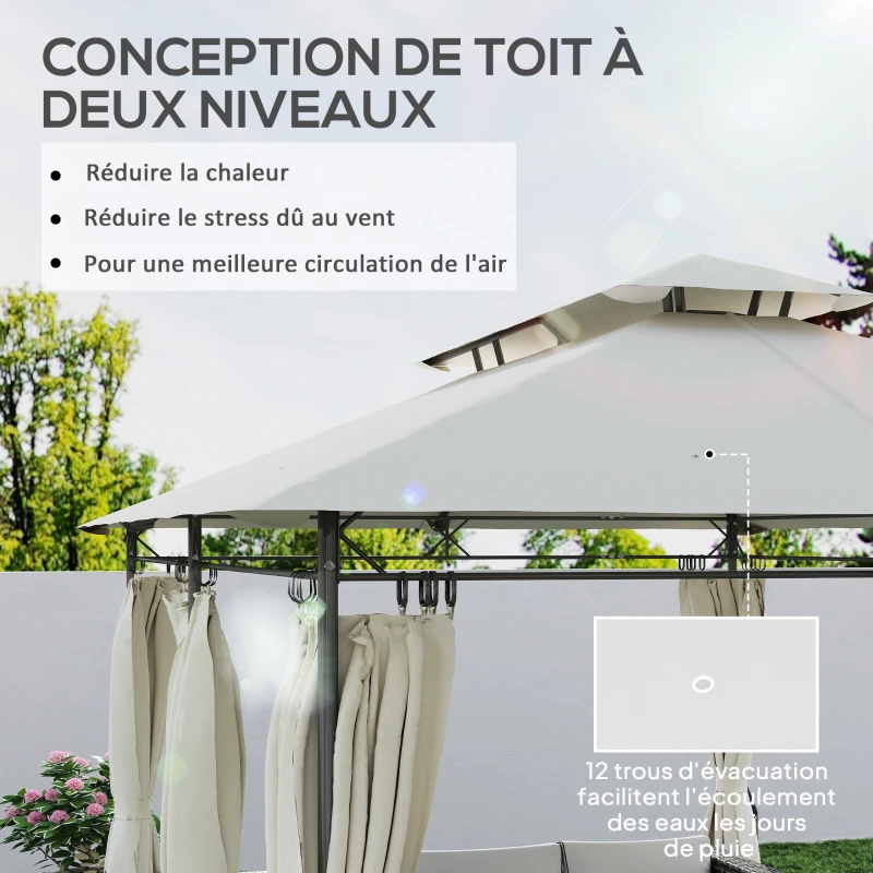 Outsunny Tonnelle de jardin 3 x 4 m tente de réception avec 6 rideaux amovibles à double toit pour patio, festival, crème