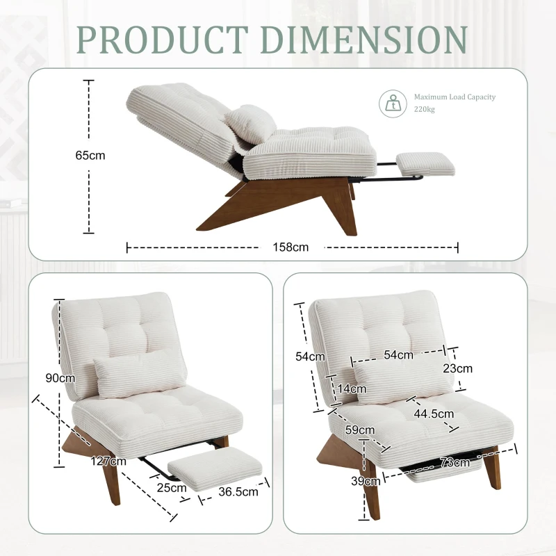 Cozy Reclining Accent Chair with Foldable Ottoman and Lumbar Pillow, Soft Adjustable Lounger for Living Room, 127L x 73W x 90H cm, Beige