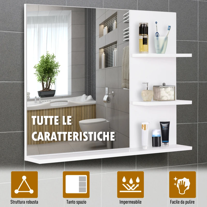 kleankin Mobiletto Pensile Bagno 60 x 10 x 48cm, con Specchio e 3 Ripiani, Armadietto a Parete in MDF Bianco