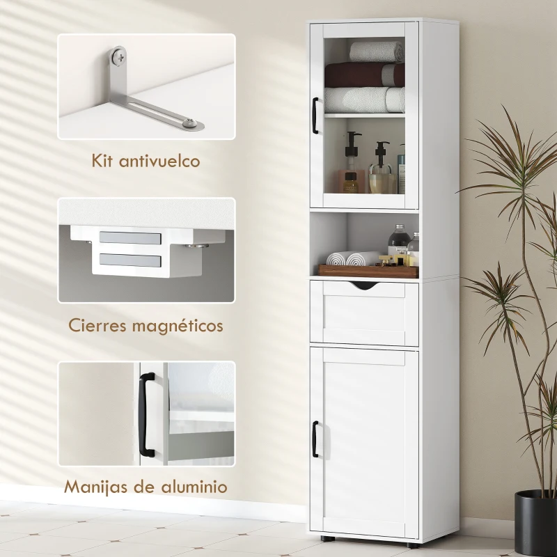 HOMCOM Columna de Baño Estrecha con Puerta de Vidrio Estantes Ajustables Cajón Estante Abierto 40x30x165 cm Blanco