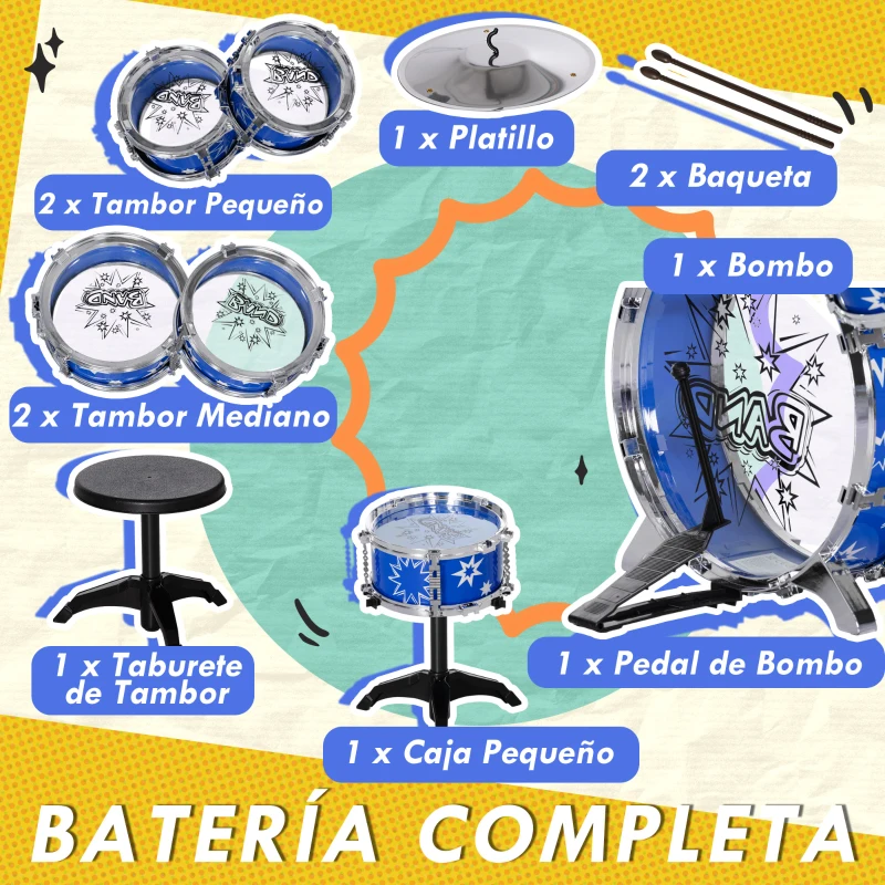 AIYAPLAY Batería para Niños de +3 Años con Tambores Bombo Platillo Pedal y Baquetas Diseño con Tema de Estrellas 65x22x57 cm Azul