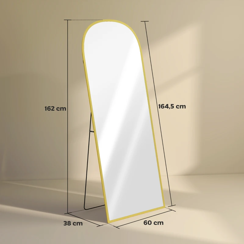 HOMCOM Espelho de Pé Espelho de Corpo Inteiro 60x165 cm com Estrutura de Liga de Alumínio e Suporte para Sala Quarto Dourado