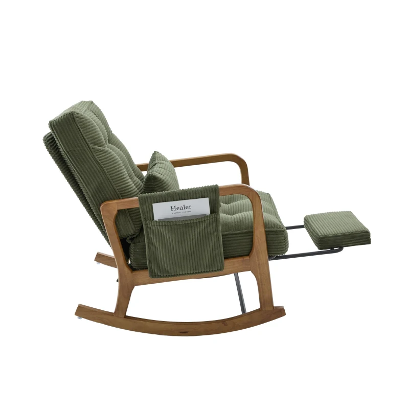 Cozy Rocking Chair with Adjustable Footrest and Side Pocket, Soft Corduroy Glider Armchair for Nursery, 92L x 80W x 70H cm, Green