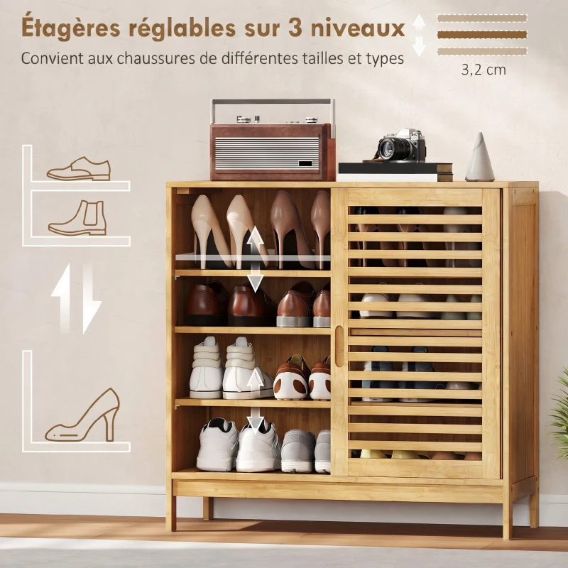 HOMCOM Meuble à chaussures en bambou 16 paires, armoire à chaussures, 2 portes coulissantes, étagères réglables, bois naturel
