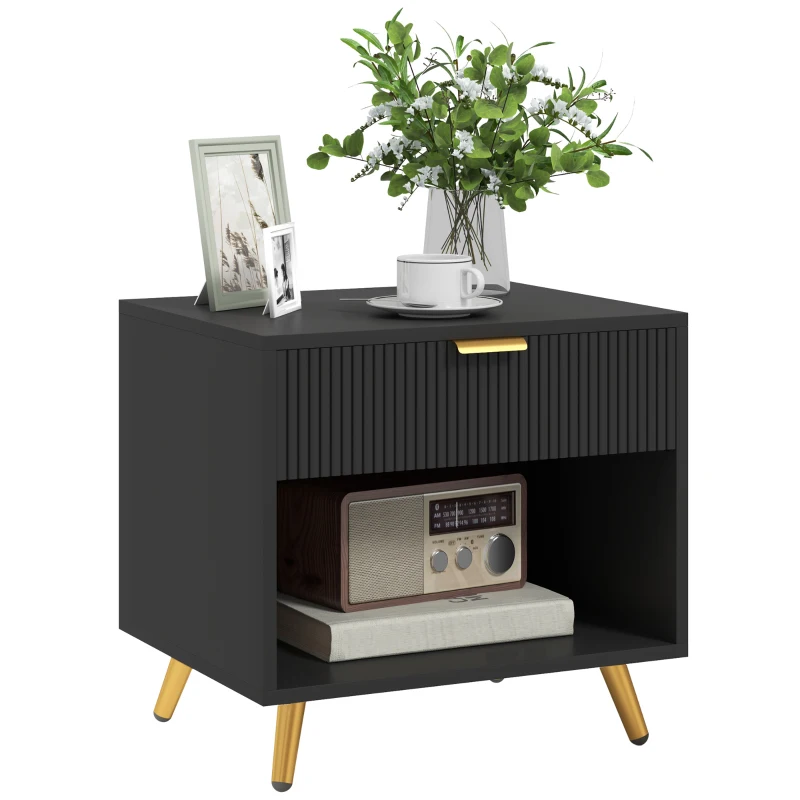 HOMCOM Elegant Bedside Table, with Drawer and Shelf - Black/Gold Tone
