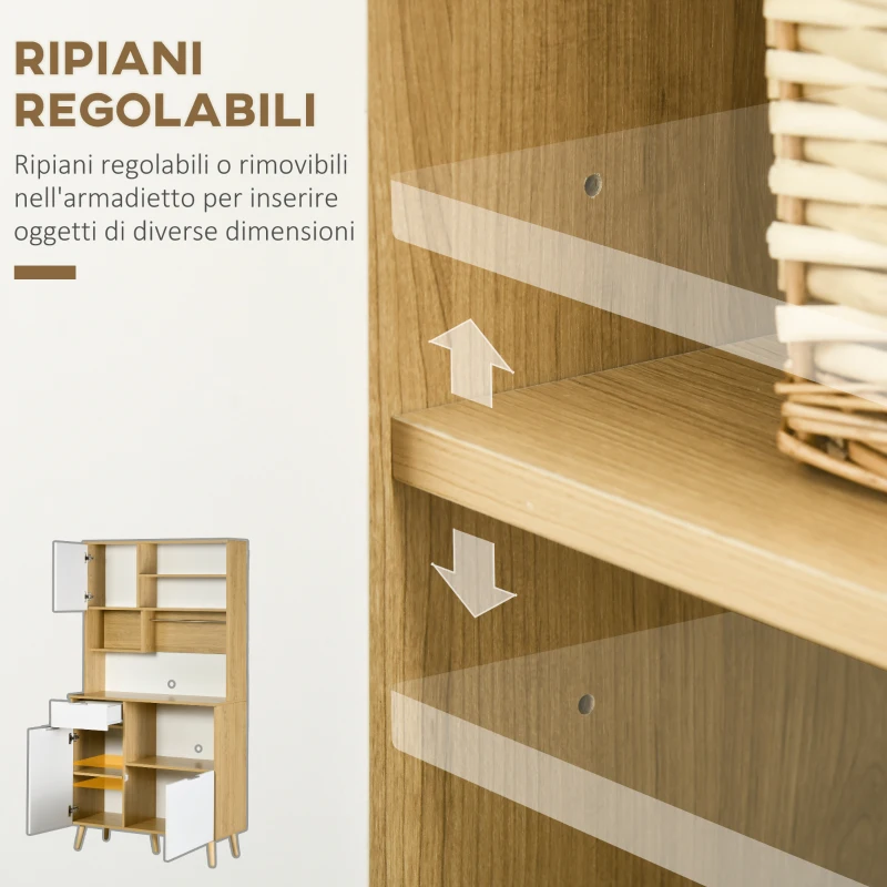 HOMCOM Dispensa da Cucina in Truciolato con Armadietti, Cassetti, Ripiani Regolabili e Appendino, 93x40x180 cm