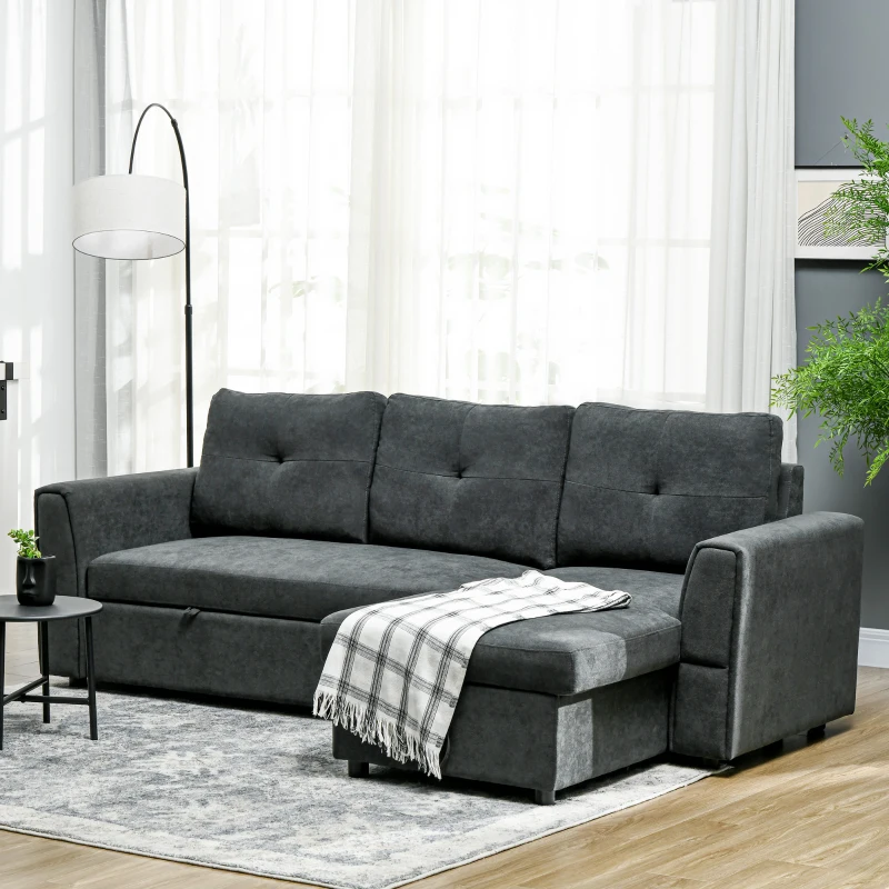HOMCOM 3-Sitzer-Sofa mit Bettfunktion, Schlafsofa mit Chaiselongue, Polstersofa, Dunkelgrau