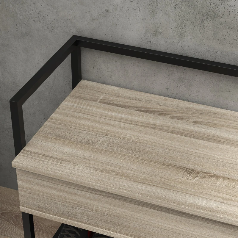 HOMCOM Banco Recibidor con Tapa Abatible Mueble Zapatero con Compartimento Oculto y Estante de Rejilla 84x39,5x61 cm Roble