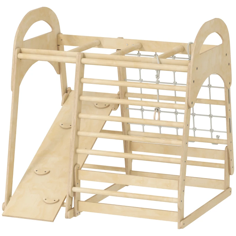 AIYAPLAY 6 in 1 Kids Climbing Frame with Slide, Monkey Bars, Gymnastics Rings, Ladder, Climbing Net, for 3-6 Years, Natural Tone