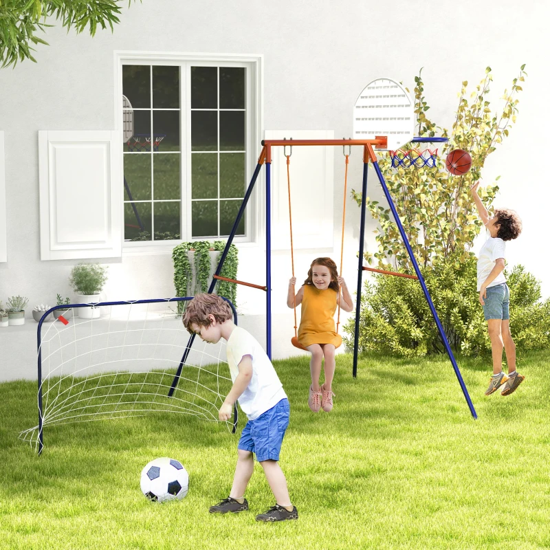 Outsunny Baloiço para Crianças 3 em 1 com Tabela de Basquetebol e Baliza de Futebol Desmontável e Estrutura de Aço Multicor