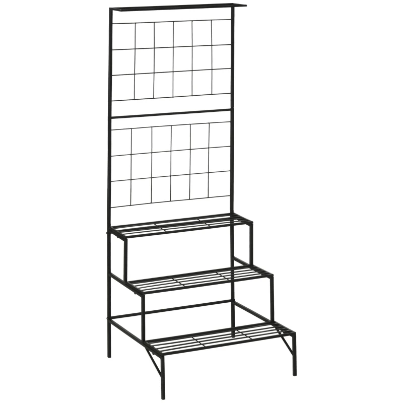 Outsunny Suporte para Plantas com Treliça de Metal Suporte para Vasos Plantas Trepadeiras com 3 Prateleiras para Terraço Balcão Jardim Exterior e Interior 60x53,5x159,5cm Preto