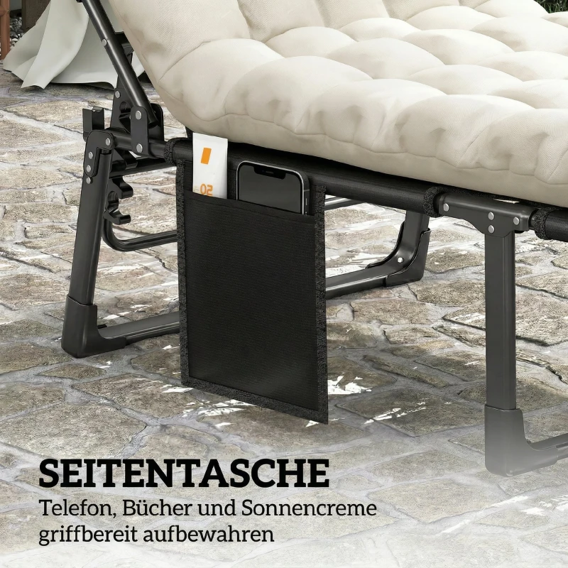 Outsunny Sonnenliege Klappbar Breite Gartenliege mit 5-fach Verstellbar Rückenlehne gepolsterter Matratze Kopfstütze Seitentasche