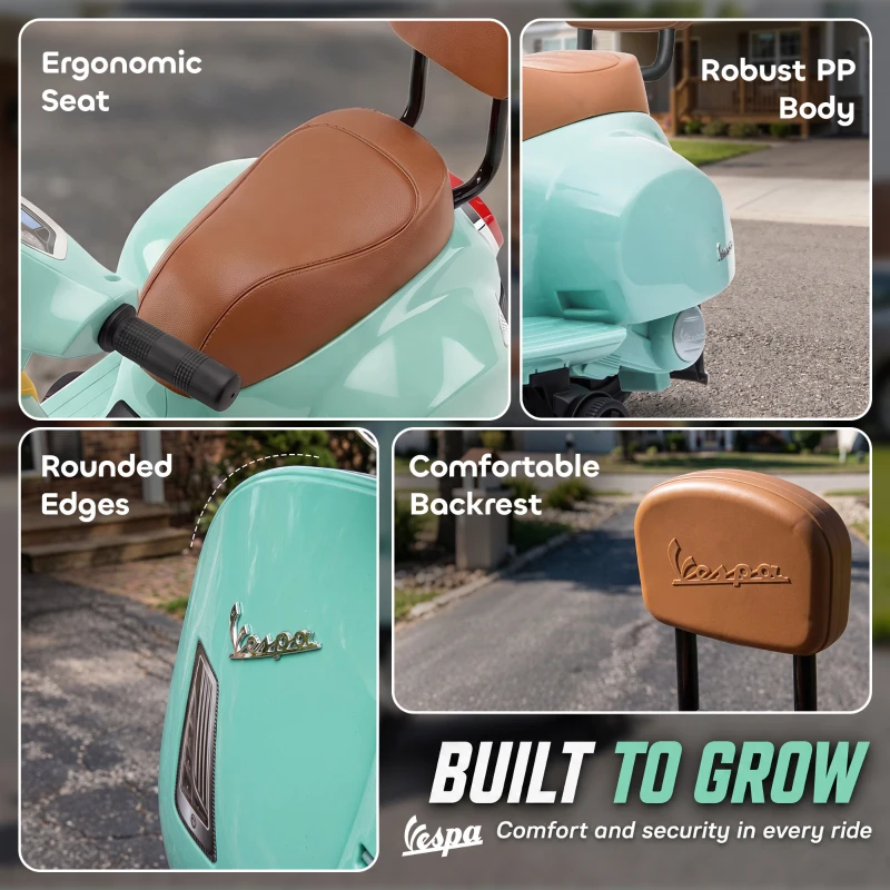 AIYAPLAY Motocicletă electrică pentru copii licențiată Mini Vespa GTS 2 roți auxiliare baterie litiu far claxon spătar Verde