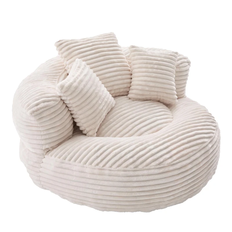 Plush Oversized Bean Bag Chair with High Back & 3 Pillows, Cozy Corduroy Floor Lounger Sofa for Living Room, 108L x 108W x 52H cm, Beige