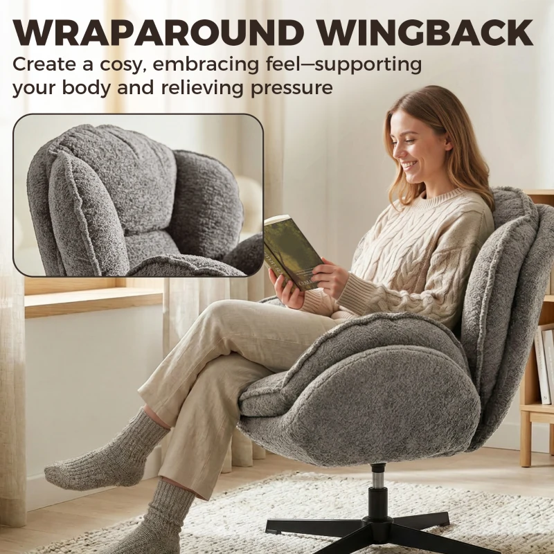 HOMCOM Modern Wingback Accent Chair, Velvet Armchair with Four-Star Base, S-Springs, Swivel, Grey