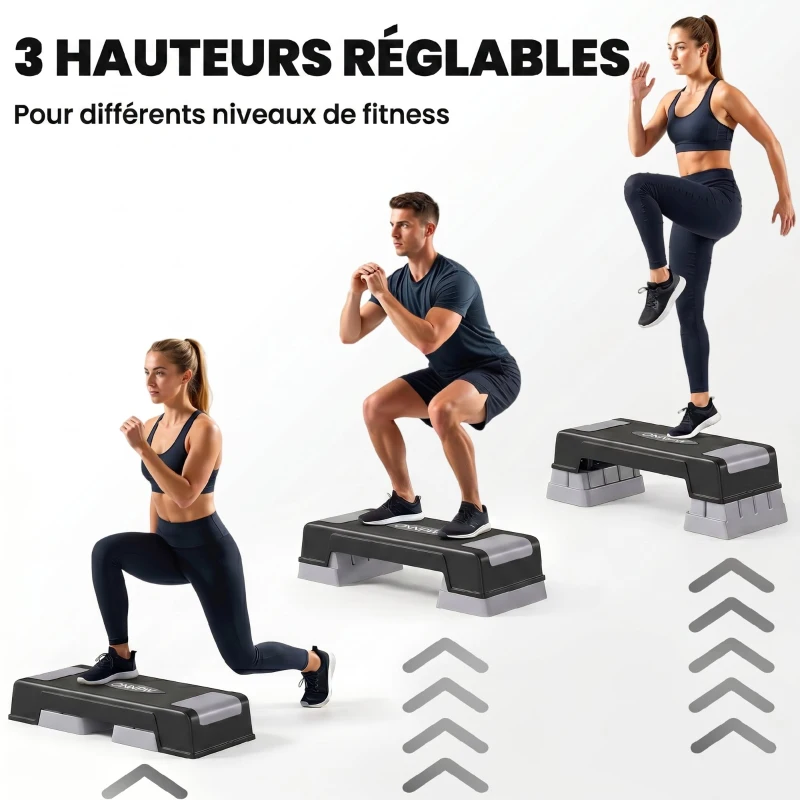 SPORTNOW Stepper Fitness Aérobic 3 Niveaux, Hauteur Réglable 12/17,5/22,5 cm, Surface Antidérapante, Charge 250 kg, Gris