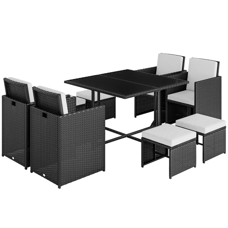 Outsunny Ensemble Salon de Jardin encastrable 8 Personnes 9 pièces résine tressée 4 Fils Imitation rotin Noir Coussins déhoussables crème