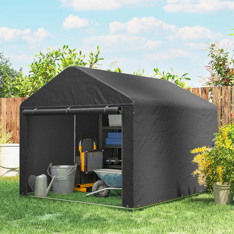 Outsunny 6.6 x 7.8ft Outdoor Garden Storage Shed, Waterproof Bike Tent with Roll-up Zipper Door, Galvanised Metal Frame, Portable Shed Shelter Carport for Motorcycle Garden Tools, Dark Grey
