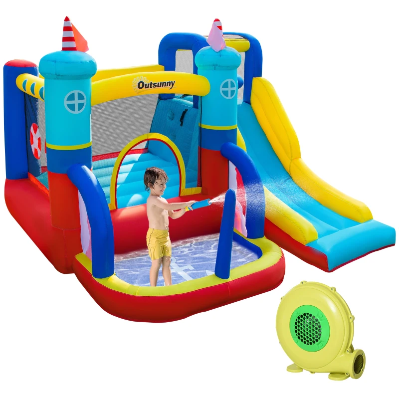 Outsunny Kids Bouncy Castle with Slide Water Pool Trampoline Climbing Wall w/ Blower