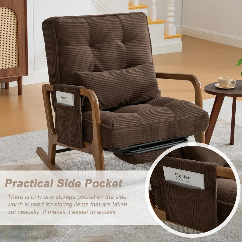 Cozy Rocking Chair with Adjustable Footrest and Side Pocket, Soft Corduroy Glider Armchair for Nursery, 92L x 80W x 70H cm, Coffee